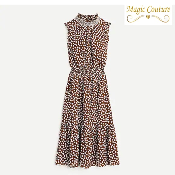 NWT J. Crew Smocked Waist Brown and White Polkadot Midi Dress🤍⭐️🤍 - Picture 3 of 11